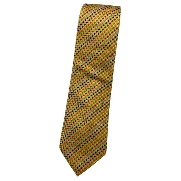 CHARLES TYRWHITT Men's 100% Silk Necktie LUXURY Tie Gold Geometric W:3.8" EUC